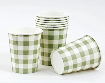 Zielone kubki imprezowe w kratkę gingham – zestaw 8 sztuk | Akcesoria na piknik, zastawa stołowa w stylu rustykalnym, niezbędne akcesoria do organizacji przyjęć