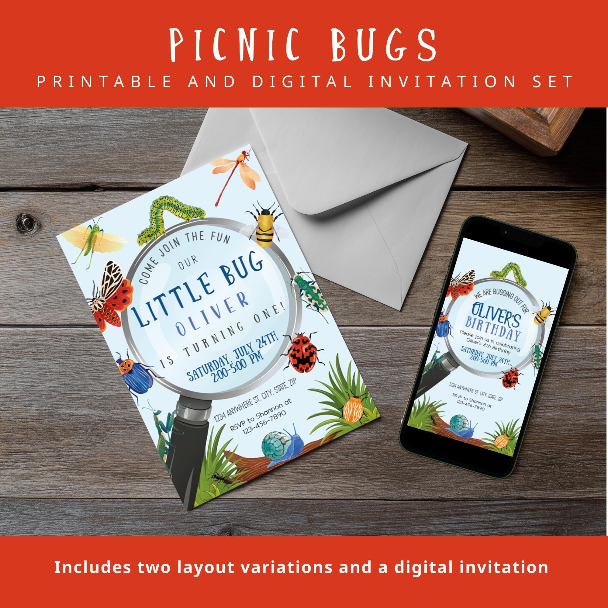 Bug Birthday Party Invitation Printable | Editable Picnic Bugs Corjl ...
