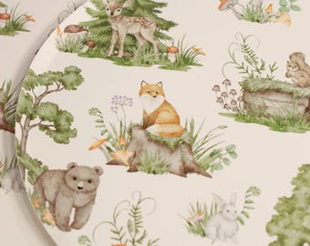 Talerze imprezowe Forest Friends, duże papierowe talerzyki o średnicy 10 cali – zestaw 8 sztuk | Zastawa stołowa Woodland Birthday, akcesoria na baby shower