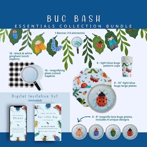 May include: A Bug Bash Essentials Collection Bundle with a banner, napkins, cups, plates, and a digital invitation set. The set includes black and white gingham napkins, magnifying glass cutout napkins, and light blue bug-themed plates and cups.