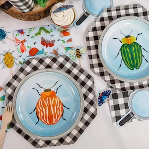 Alternative styled scene showing Joy Ladder Bugs 8" magnifying lens plates with coordinating table décor