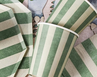 Vasos de fiesta con rayas verdes y beige / Diseño clásico de rayas (9 oz, juego de 8)