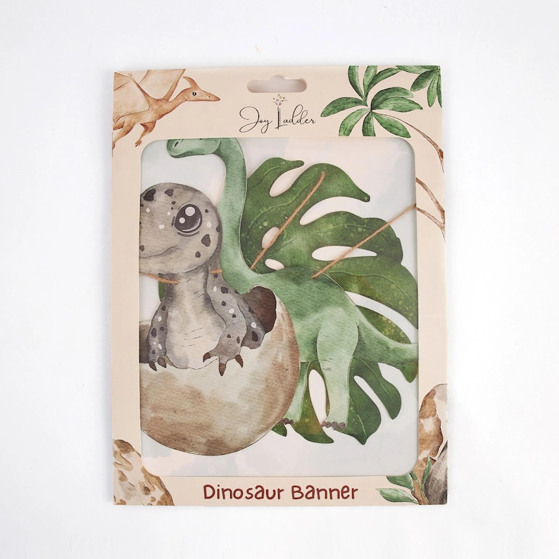 Packaged view of Joy Ladder Dinosaurs banner in branded sleeve with clear view window