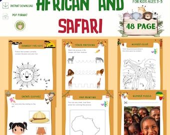 Safari Aktivitätspaket für Vorschulkinder: Afrikanische Tiere Arbeitsblätter zum ausdrucken (PDF digitaler Download)