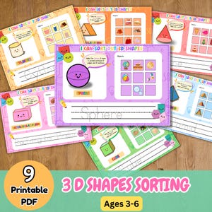 May include: A collection of nine printable educational worksheets titled I CAN SORT OUT 3D SHAPES, featuring colourful illustrations of geometric forms like spheres, cylinders, and cubes with tracing text and object sorting grids for children.