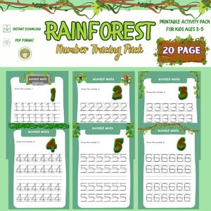 May include: A printable rainforest-themed number tracing pack for kids ages 3-5. The pack includes 20 pages with tracing activities for numbers 1 through 6. Each page features a green jungle background with vines and leaves, and a large number at the top. The numbers are surrounded by dotted lines for tracing.