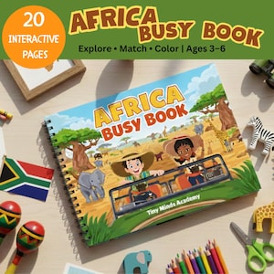 May include: A colourful "Africa Busy Book" with the title in yellow and green. The cover shows illustrations of safari animals and children in a jeep. The book includes 20 interactive pages for ages 3-6. Toy animals, crayons, and a South African flag are also visible.