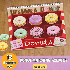 以下が含まれることがあります： Let's Make a Donutというタイトルのスパイラル綴じアクティビティブック。赤い箱の中に、様々な色のアイシングとスプリンクルが施された6つのドーナツのイラストが描かれています。表紙にはDonutsという文字と、ドーナツのセットが描かれた2枚の小さな長方形のカードが含まれています。