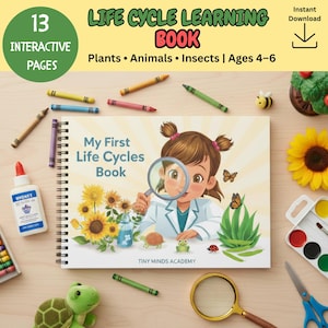 以下が含まれることがあります： 「My First Life Cycles Book」というタイトルの、女の子が虫眼鏡を持っている子供向けの本。表紙には植物、動物、昆虫のイラストが描かれています。クレヨン、接着剤、画材などが本を囲んでいます。対象年齢は4～6歳です。