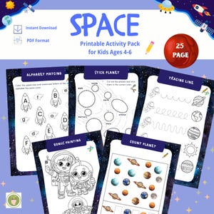 May include: A printable activity pack for kids ages 4-6 with a space theme. The pack includes activities such as alphabet matching, stick planet, tracing lines, and counting planets. The pack has 25 pages.