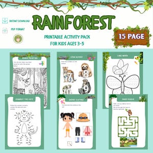 May include: A printable activity pack for kids ages 3-5 with a rainforest theme. The pack includes 15 pages of activities such as connect the dots, draw numbers, line work, and a maze puzzle.