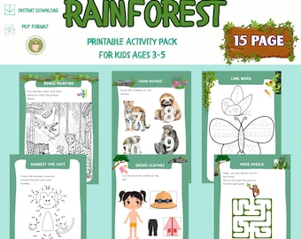 Rainforest Preschool Activity Pack 15 Printable Pages  Counting, Tracing, Matching, Cutting, Puzzles Coloring