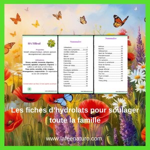Op de afbeelding: Een kleurrijke illustratie van vlinders en bloemen met de tekst "HA Tilleul" en "Les fiches d'hydrolats pour soulager toute la famille" met het websiteadres "www.lafeenaturo.com".
