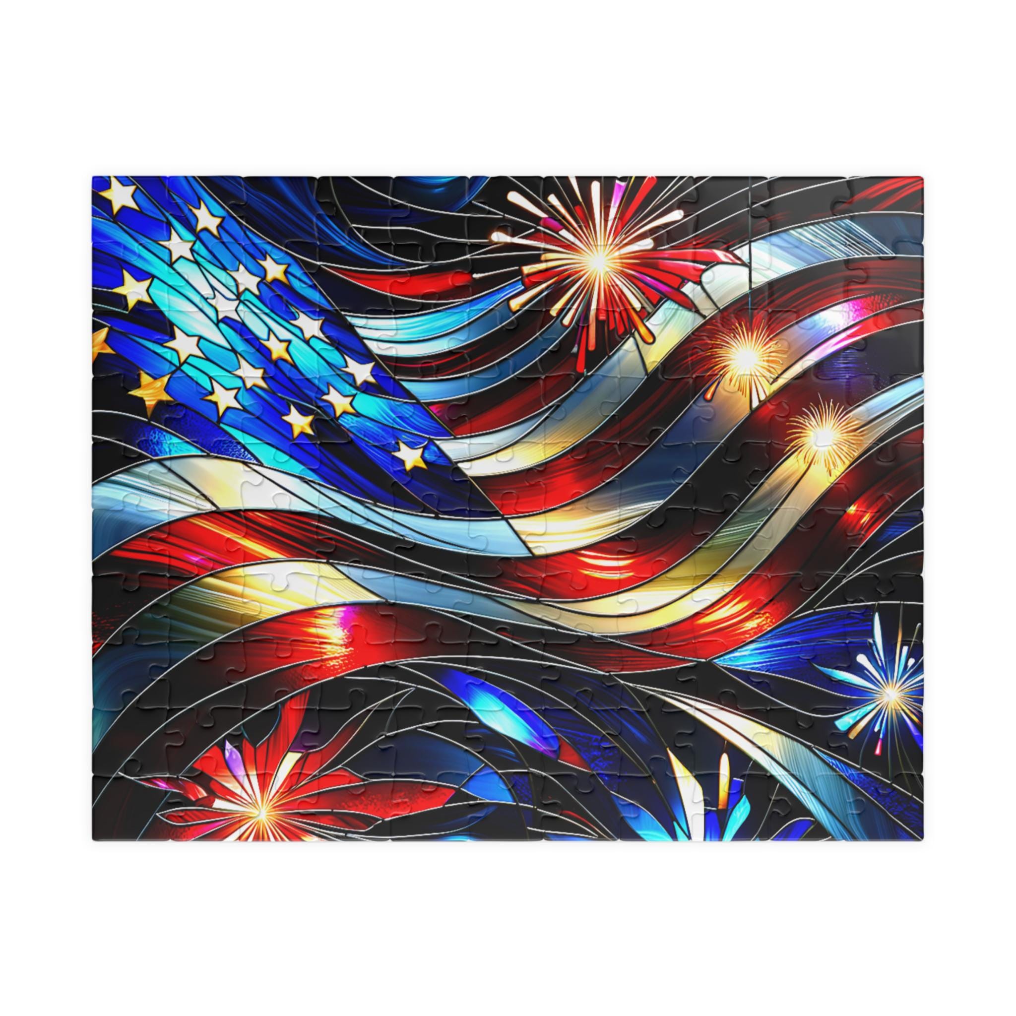 Patriotic Puzzle Stained Glass Style American Flag with Fireworks for 4th of July & Memorial Day Gift or Decor
