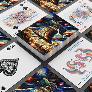 Cartas de Baralho Patrióticas - Arte em Vitral do Sino da Liberdade - Presente do Dia da Memória de 4 de Julho - Baralho de Pôquer com Bandeira dos EUA - Cartas Vermelhas, Brancas e Azuis