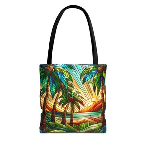 Sacola de arte em vitral com palmeira - Sacola de pôr do sol tropical com fundo verde-claro, bolsa de praia 33x33 cm, presente litorâneo, alças com opções de cores