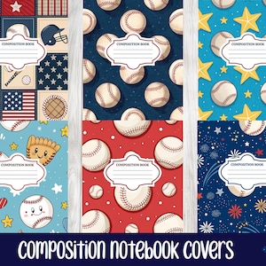 Peut inclure: Six cahiers de composition avec des motifs sur le thème du baseball. Les designs incluent des balles, des gants, des étoiles, des drapeaux américains et des feux d'artifice sur des fonds bleus, rouges et blancs. Chaque couverture porte une étiquette blanche avec le texte Composition Book.