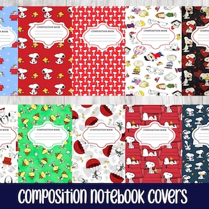 May include: A collection of ten composition notebooks featuring various Peanuts character patterns. Each cover displays a central white label with the text COMPOSITION BOOK and horizontal lines for writing, set against colorful backgrounds.