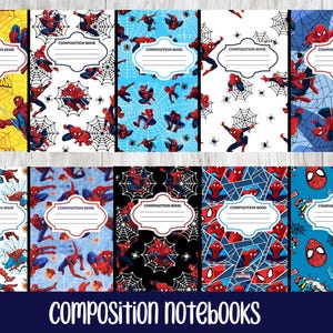 May include: A collection of ten composition notebooks featuring various Spider-Man graphic patterns in red, blue, yellow, black, and white. Each notebook includes a central white label with the printed text COMPOSITION BOOK for identification.