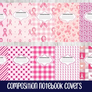 May include: Ten composition notebook covers featuring various pink patterns including ribbons, hearts, polka dots, stripes, plaid, and leopard print. Each cover has a central white label with the text COMPOSITION BOOK in black capital letters.