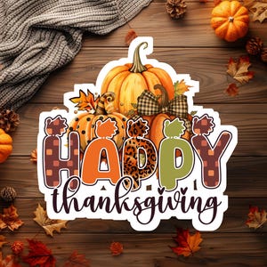 May include: A Thanksgiving-themed graphic with the words "Happy Thanksgiving" in a mix of orange, brown, and green, with pumpkin and leaf accents. The background is a wooden surface with fall leaves and pumpkins.