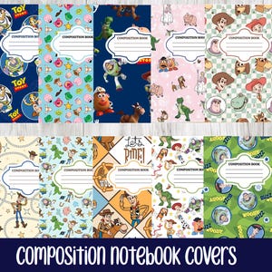 Op de afbeelding: Tien rechthoekige schriftenkaften met diverse Toy Story-karakterpatronen, waaronder Woody, Buzz Lightyear en Rex. Elke kaft heeft een centraal wit label met de gedrukte tekst COMPOSITION BOOK en lijnen om op te schrijven.