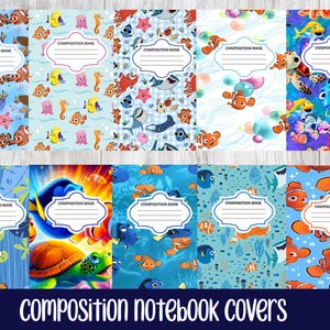 May include: A collection of ten composition notebooks featuring various underwater scenes with cartoon fish, sea turtles, and starfish. Each notebook cover displays a white label with the text COMPOSITION BOOK and lines for writing.