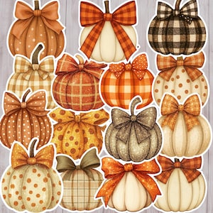 May include: A collection of decorative pumpkin stickers in various patterns and colors. The pumpkins feature orange, white, and brown hues, with polka dots, plaid, and glitter accents. Each pumpkin is adorned with a decorative bow.