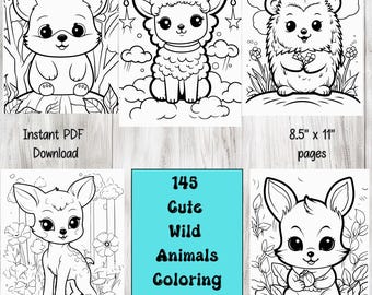 Cute Wild Animals Coloring Pages- 145 Safari Animals Coloring Book, Digital Coloring Book, Printable Digital Download