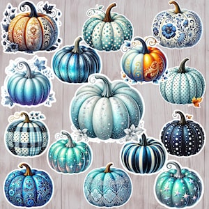 May include: A collection of decorative pumpkin stickers in various shades of blue, orange, and white. The pumpkins feature intricate designs, including floral patterns, polka dots, and stripes. Some have glitter accents and are set against a light wood grain background.