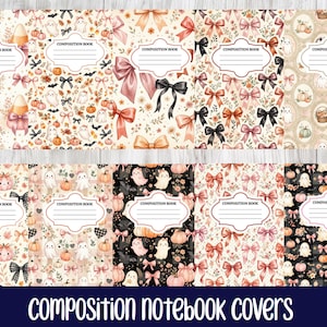 May include: Ten composition book covers featuring various patterns including ghosts, pumpkins, bows, and autumn leaves. Each cover has a central white label with the text COMPOSITION BOOK. The designs use color palettes of pink, black, and cream.