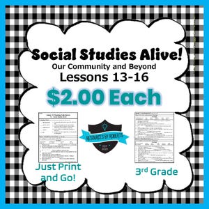 Könnte beinhalten: Ein farbenfrohes Lernmaterial mit dem Titel "Social Studies Alive!" mit dem Text "Our Community and Beyond, Lektionen 13-16." Der Preis beträgt 2,00 € pro Stück. Enthält Arbeitsblätter und den Text "Just Print and Go!" und "3rd Grade."