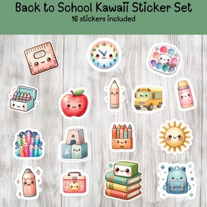 May include: A set of 16 kawaii-style stickers with a back-to-school theme. The stickers include a ruler, clock, paint palette, crayons, apple, pencil, school bus, thermos, sun, alphabet blocks, lunchbox, books, and backpack.
