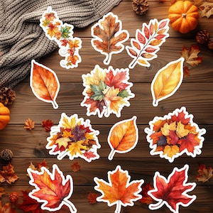 May include: A collection of colorful fall leaf stickers in various shapes and sizes. The leaves feature shades of red, orange, yellow, and green, with white borders. The stickers are arranged on a wooden surface with pumpkins and pinecones.