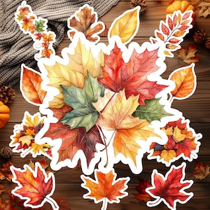 May include: A collection of die-cut stickers featuring watercolor illustrations of autumn leaves in shades of red, orange, yellow, and green. The designs include individual maple leaves, oak leaves, and clusters of foliage with white borders.
