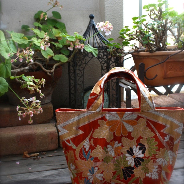 Kimono, Obi, Purse / OR775 Gorgeous Flower Pattern Zip Tote Bag Small Size