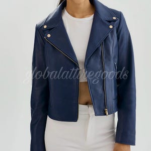 Blue Leather Biker Jacket Women  Real Lambskin Moto Jacket  Cropped Fitted Leather Coat  Handmade  globalattiregoods