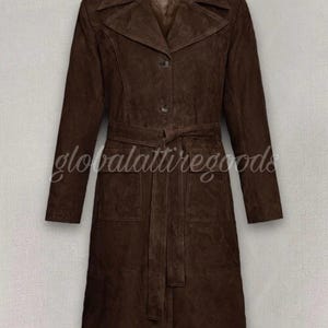 Women&#39;s Genuine Suede Leather Trench Coat Long Brown Vintage Overcoat Classic Fall Jacket by globalattiregoods