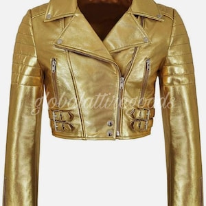 Veste courte en cuir métallisé doré pour femme - Style moto matelassé - Coupe de créateur tendance par globalattiregoods