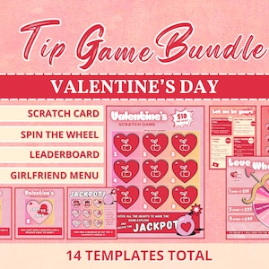 Peut inclure: Un ensemble de jeux de pourboires sur le thème de la Saint-Valentin, avec des modèles de cartes à gratter, de roue de la fortune, de classement et de menu pour petite amie. Le design présente des cœurs rouges et le texte "Tip Game Bundle" et "Valentine's Day".