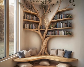 Estante flotante de esquina con forma de rama de árbol rústica y banco en forma de L, estantería de madera flotante hecha a mano, decoración de pared y almacenamiento para el hogar.