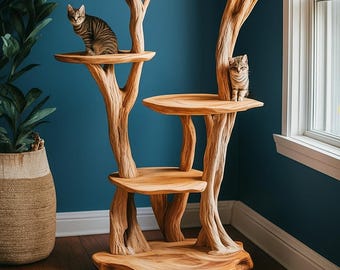 Handmade Rustic Solid Wood Cat Tree for Large Cats – Natural Modern Cat Stand, Cat Tower, Unique Cat Furniture Gift