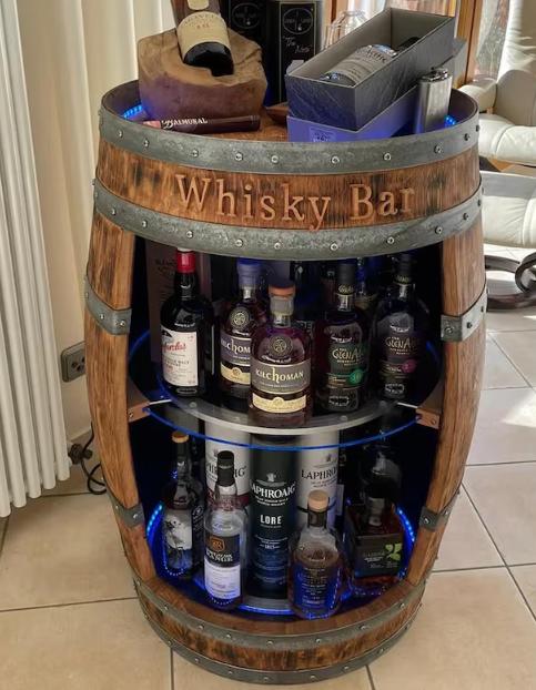 whiskey barrel cabinet for living room- bar carts and bar storage for bottels With LED