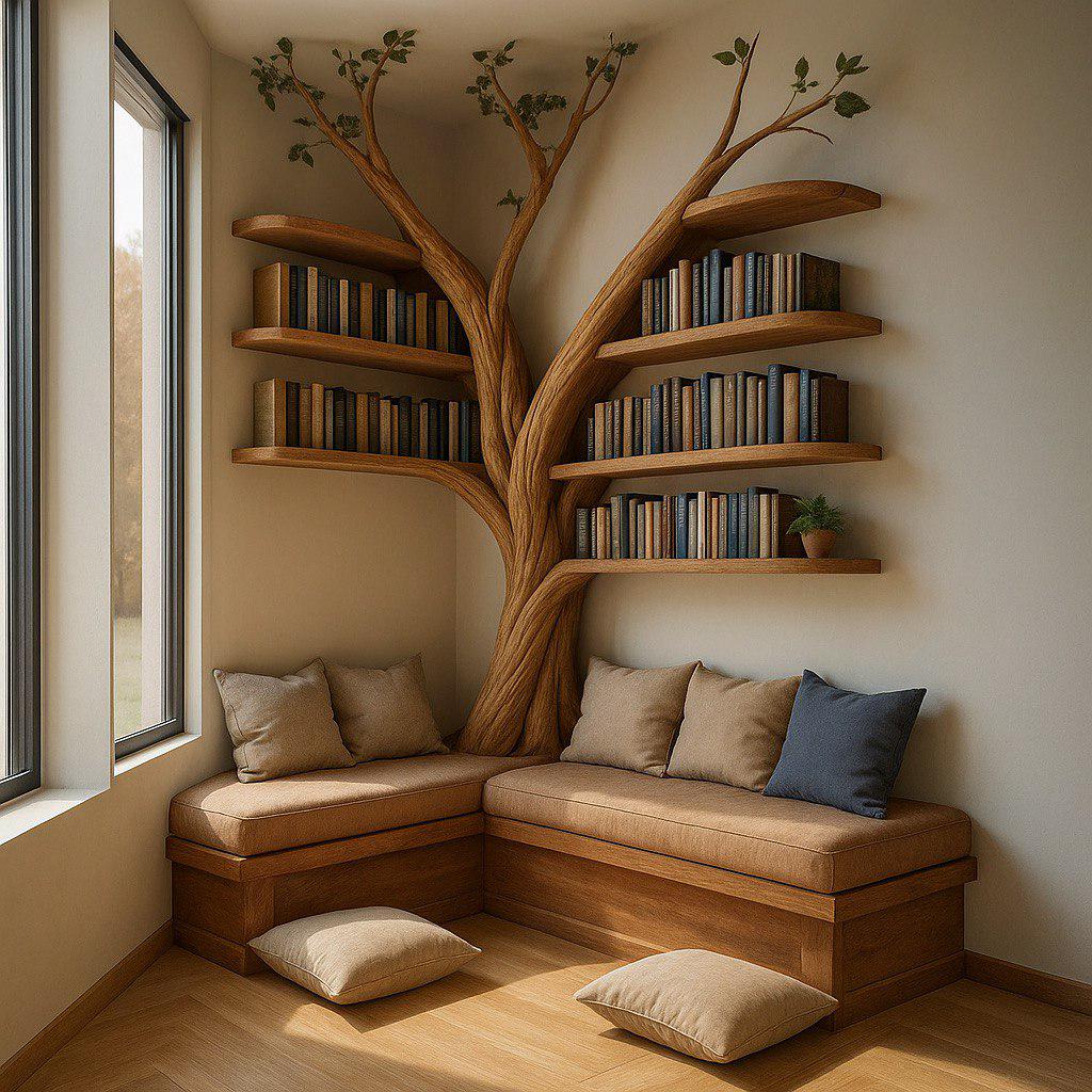 Rustic Tree Branch Bookshelf with L-Shaped Bench Seating – Cozy Wooden Reading Corner With LED