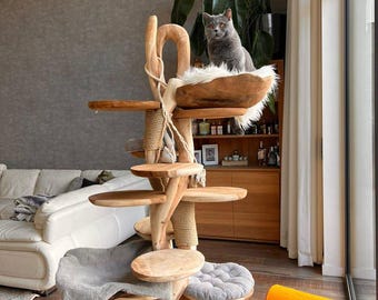 Wooden Cat Tree – Handmade Natural Branch Cat Tower  Indoor Cat Shelf Furniture – Unique Pet Tree for Living Room Decor