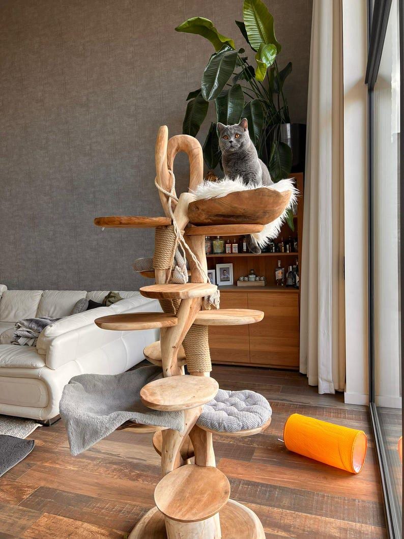 Wooden Cat Tree – Handmade Natural Branch Cat Tower  Indoor Cat Shelf Furniture – Unique Pet Tree for Living Room Decor