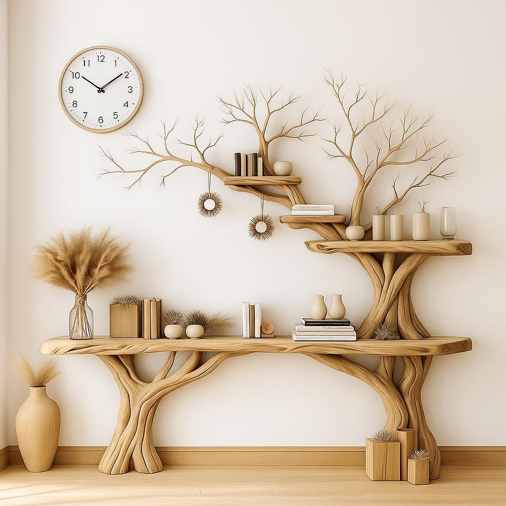 Narrow table with twig bookshelf, Entrance living edge table, Farm table rustic handmade console table natural wood