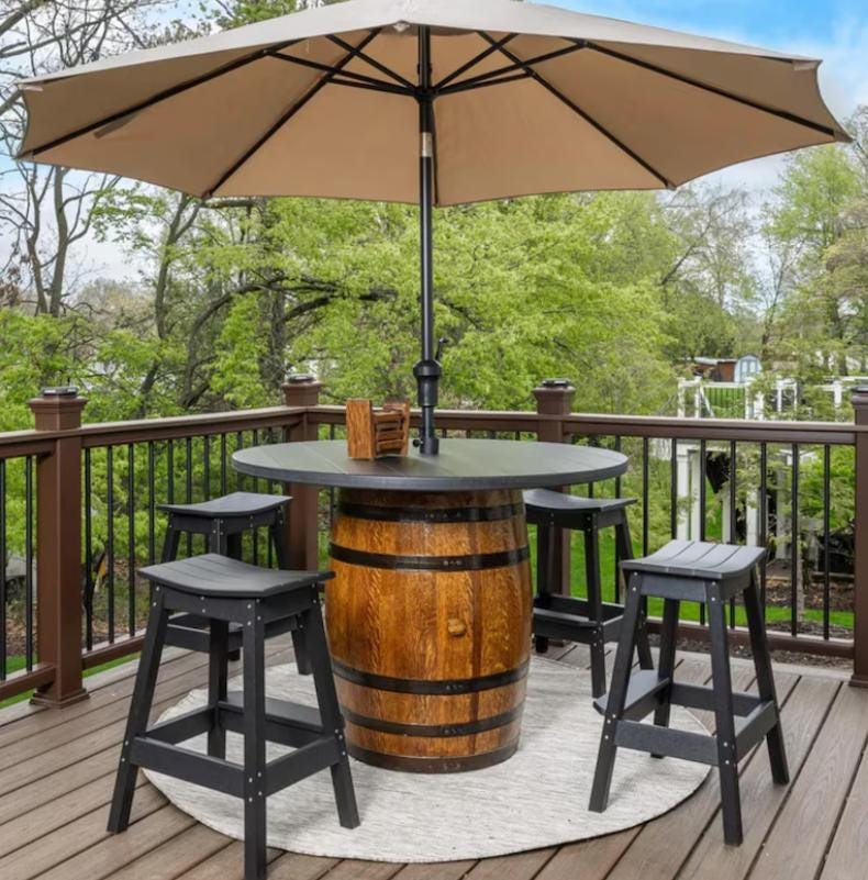 Handcrafted Whiskey Barrel Table – Outdoor Patio Pub Table with Recycled Poly Lumber Top