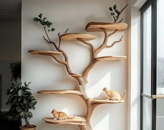 Wooden Tree-Shaped Cat Tree – Handmade Natural Branch Cat Tower Indoor Cat Shelf Furniture – Unique Wooden Pet Tree for Living Room Decor