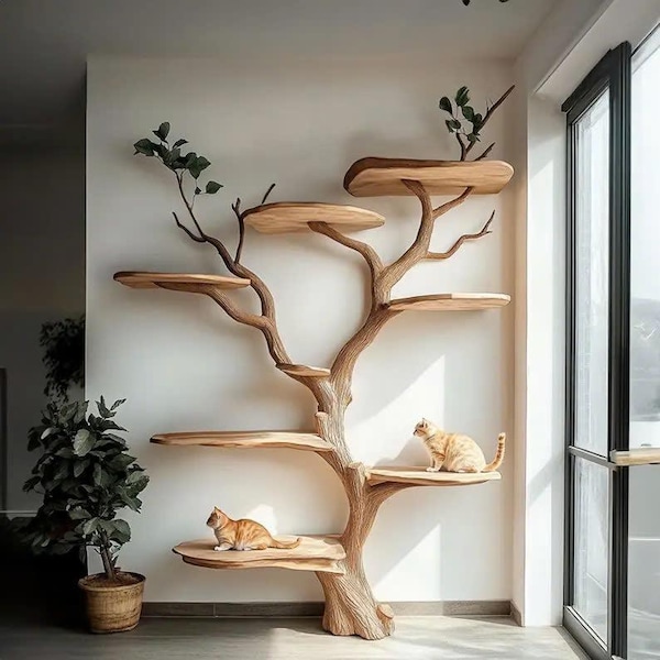 Wooden Tree-Shaped Cat Tree – Handmade Natural Branch Cat Tower Indoor Cat Shelf Furniture – Unique Wooden Pet Tree for Living Room Decor